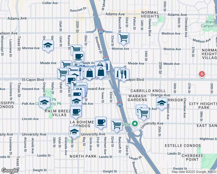map of restaurants, bars, coffee shops, grocery stores, and more near 4204 Boundary Street in San Diego