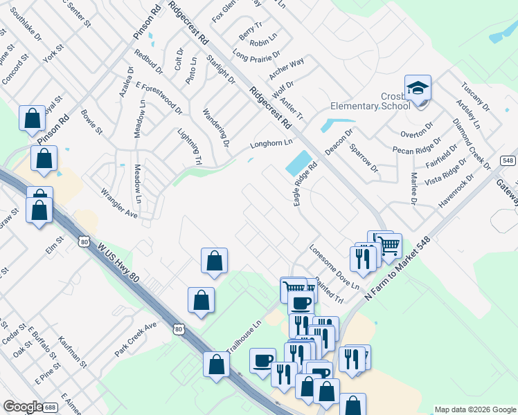 map of restaurants, bars, coffee shops, grocery stores, and more near 285 Giddings Trail in Forney