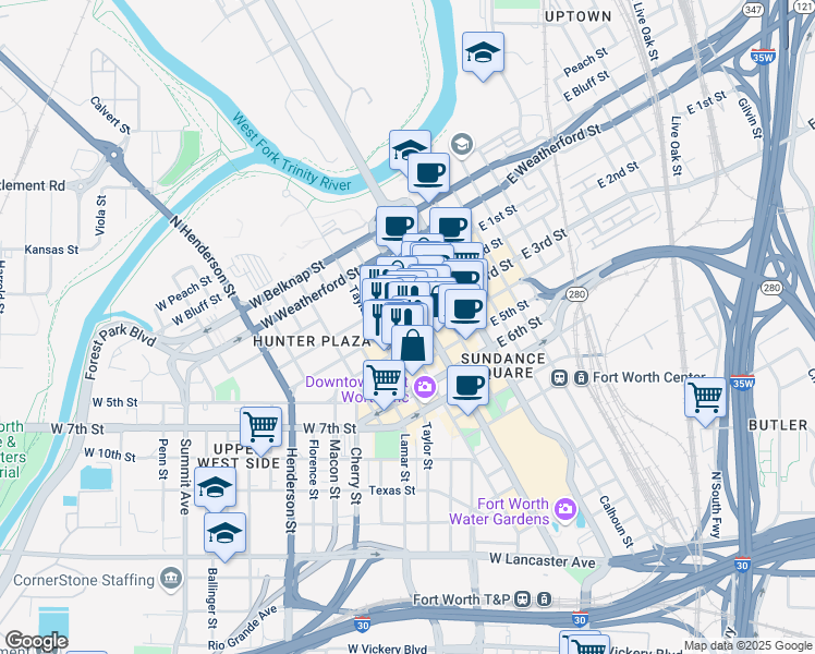 map of restaurants, bars, coffee shops, grocery stores, and more near 550 Throckmorton Street in Fort Worth