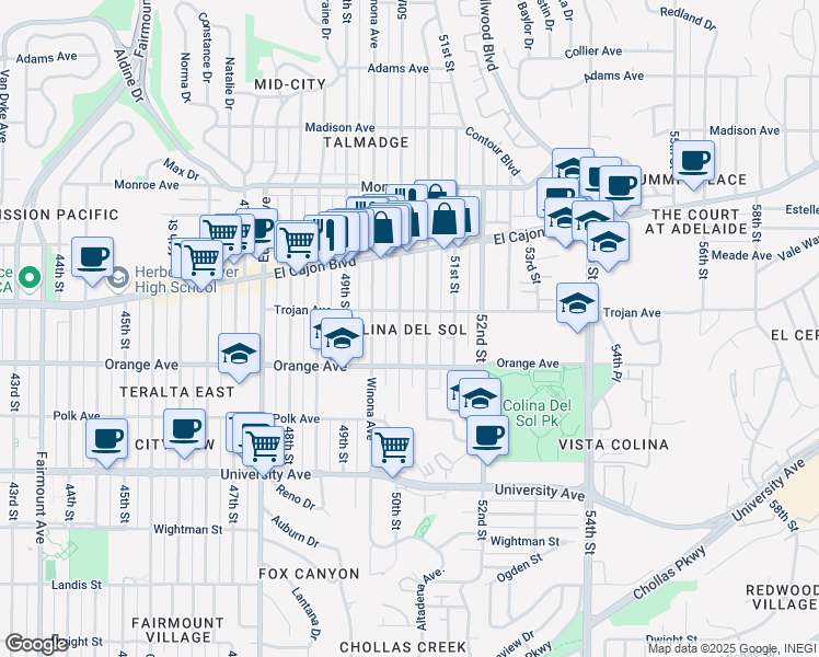 map of restaurants, bars, coffee shops, grocery stores, and more near 4269 50th Street in San Diego