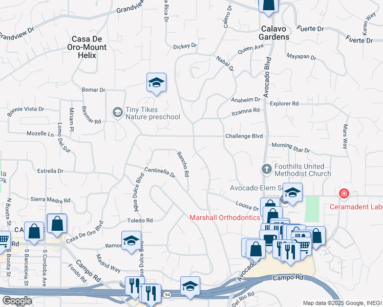map of restaurants, bars, coffee shops, grocery stores, and more near 4150 Calavo Drive in La Mesa
