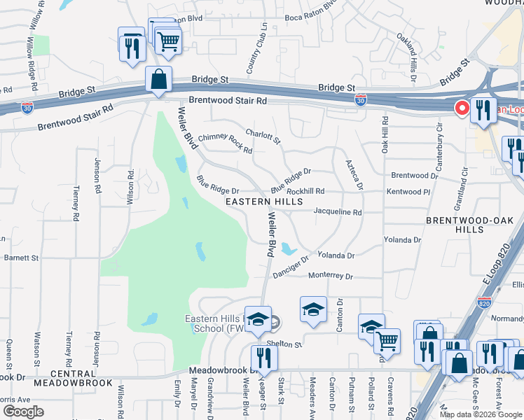 map of restaurants, bars, coffee shops, grocery stores, and more near 5701 Jacqueline Road in Fort Worth