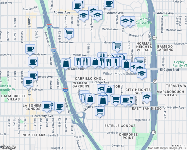 map of restaurants, bars, coffee shops, grocery stores, and more near 4249 1/2 35th Street in San Diego