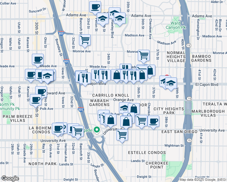 map of restaurants, bars, coffee shops, grocery stores, and more near 4250 Swift Avenue in San Diego