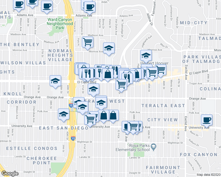 map of restaurants, bars, coffee shops, grocery stores, and more near 4262 Van Dyke Ave in San Diego
