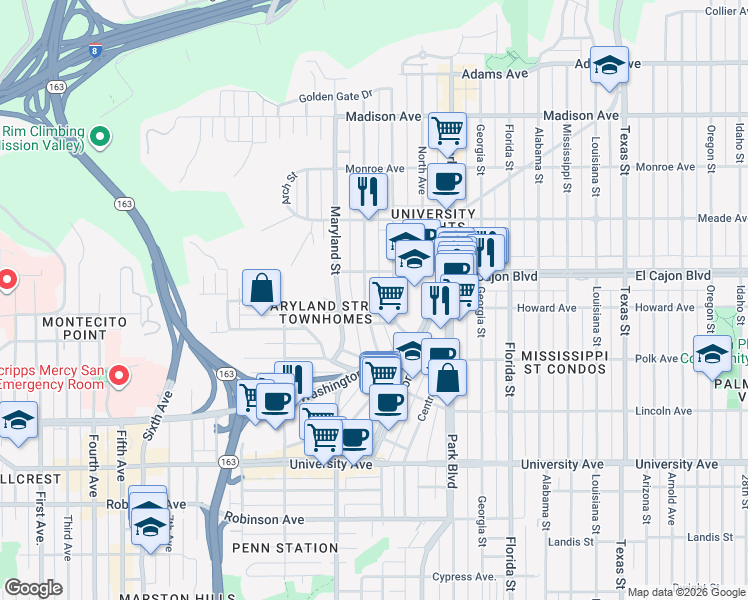 map of restaurants, bars, coffee shops, grocery stores, and more near 4214 Cleveland Avenue in San Diego