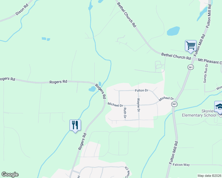 map of restaurants, bars, coffee shops, grocery stores, and more near 6512 Fulton Drive in Lizella