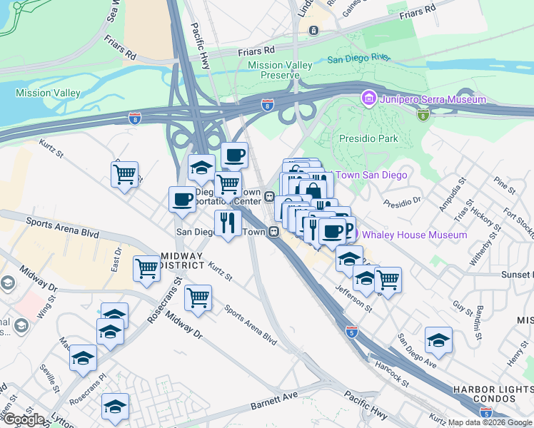 map of restaurants, bars, coffee shops, grocery stores, and more near 4005 Taylor Street in San Diego