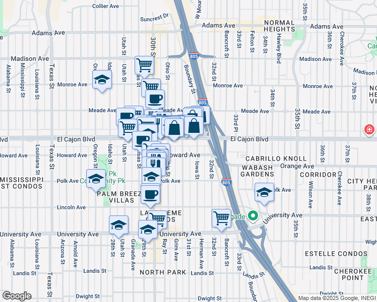 map of restaurants, bars, coffee shops, grocery stores, and more near 3120-22 Howard Avenue in San Diego