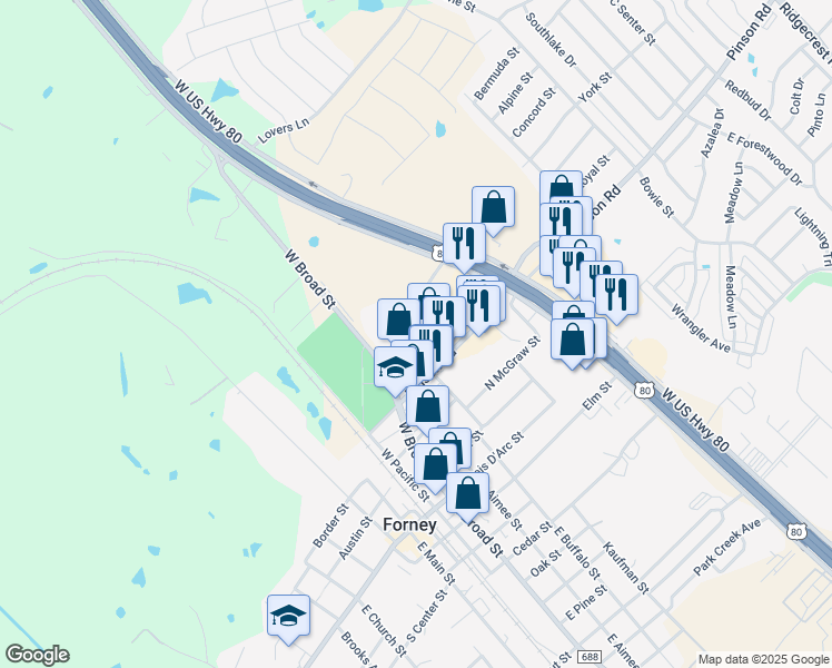 map of restaurants, bars, coffee shops, grocery stores, and more near in Forney