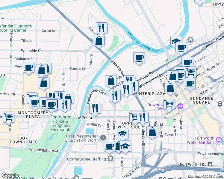 map of restaurants, bars, coffee shops, grocery stores, and more near 301 Purcey Street in Fort Worth