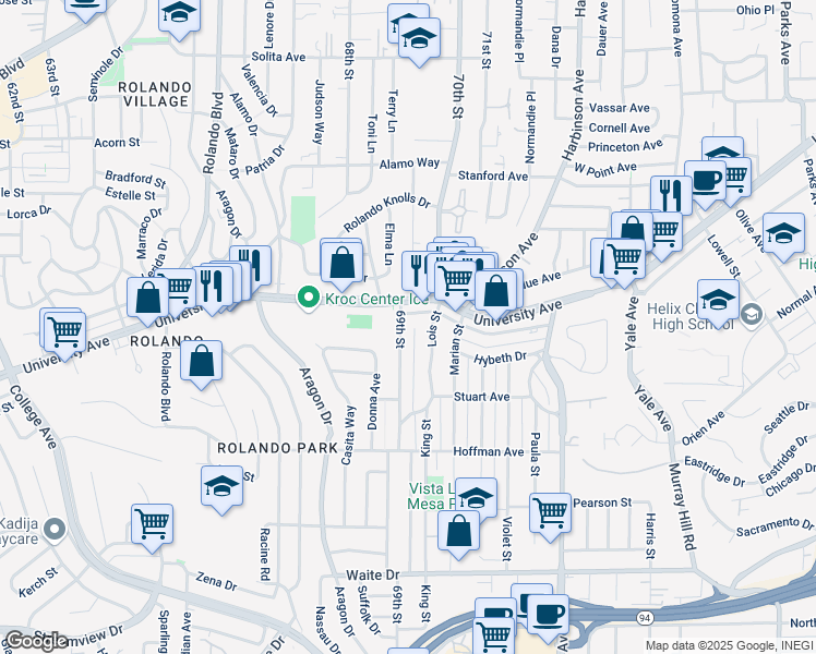 map of restaurants, bars, coffee shops, grocery stores, and more near 4245 69th Street in La Mesa