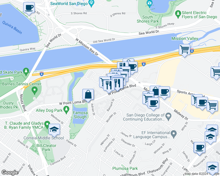 map of restaurants, bars, coffee shops, grocery stores, and more near 4202 Loma Riviera Lane in San Diego