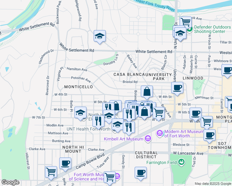 map of restaurants, bars, coffee shops, grocery stores, and more near 404 Monticello Drive in Fort Worth