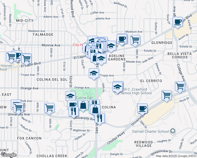map of restaurants, bars, coffee shops, grocery stores, and more near 4263 54th Street in San Diego