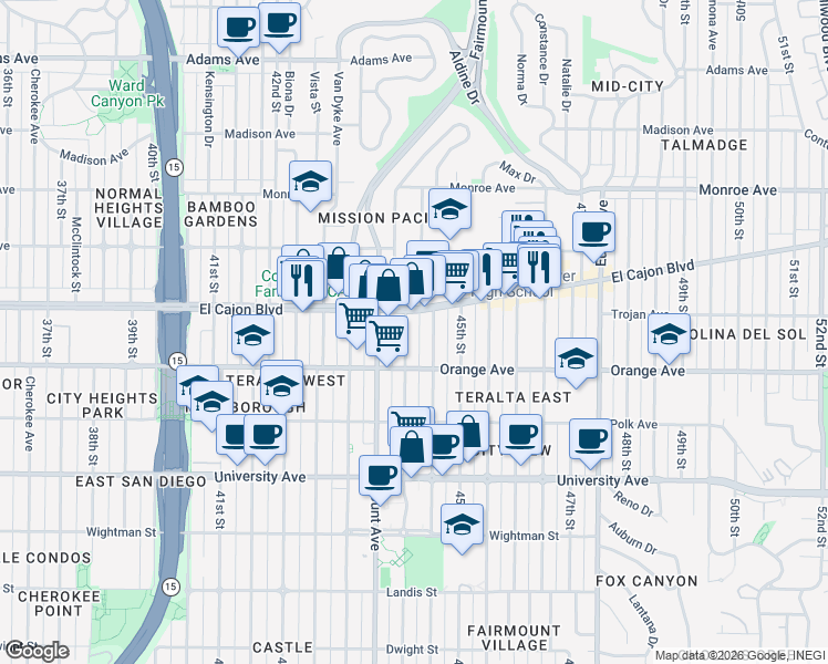 map of restaurants, bars, coffee shops, grocery stores, and more near 4267 44th Street in San Diego