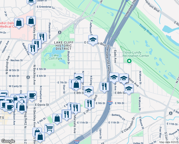 map of restaurants, bars, coffee shops, grocery stores, and more near 501 North Ewing Avenue in Dallas