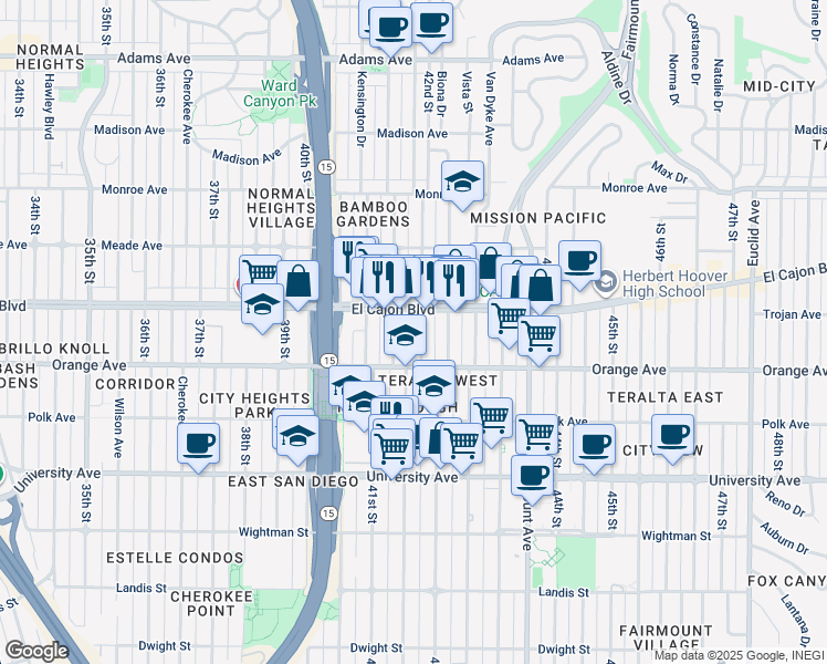 map of restaurants, bars, coffee shops, grocery stores, and more near in San Diego