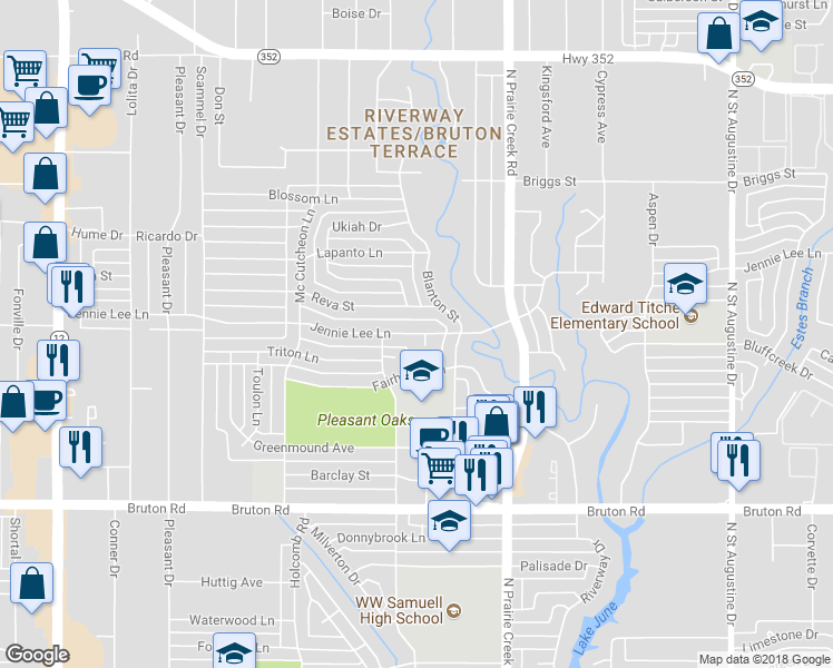 map of restaurants, bars, coffee shops, grocery stores, and more near 8929 Jennie Lee Lane in Dallas