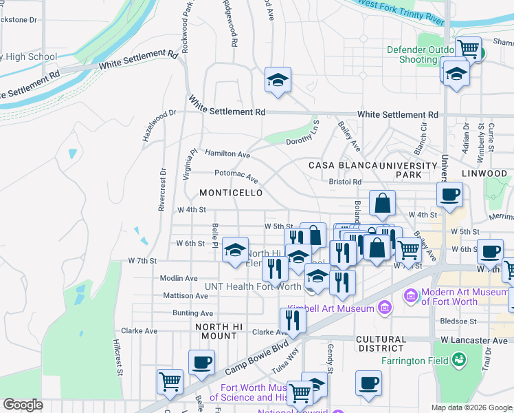 map of restaurants, bars, coffee shops, grocery stores, and more near 3758 West 4th Street in Fort Worth