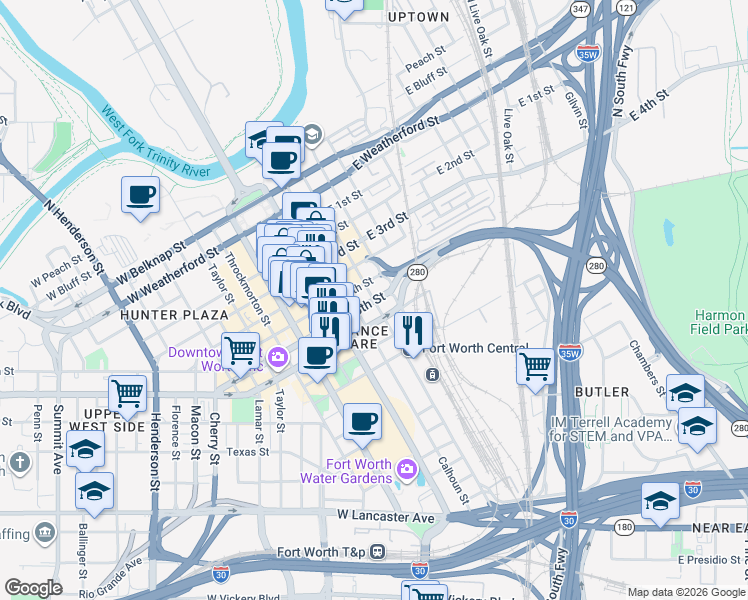 map of restaurants, bars, coffee shops, grocery stores, and more near E 6th St & Jones St in Fort Worth