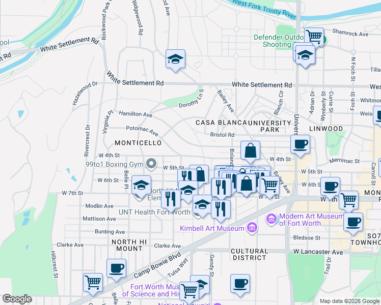 map of restaurants, bars, coffee shops, grocery stores, and more near 3559 West 4th Street in Fort Worth