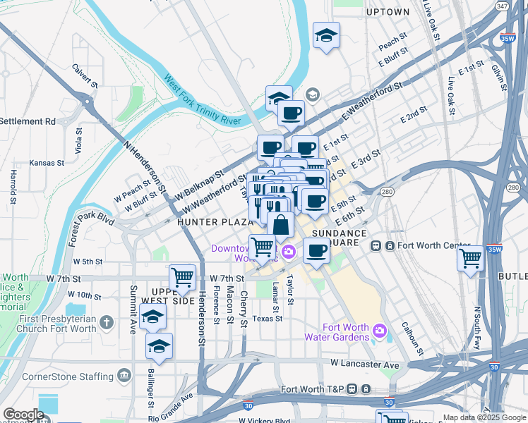 map of restaurants, bars, coffee shops, grocery stores, and more near 335 West 3rd Street in Fort Worth