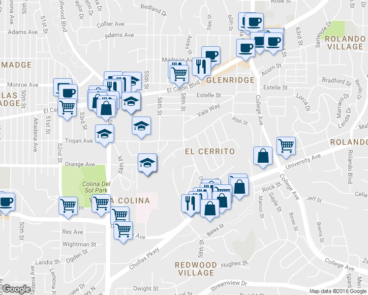 map of restaurants, bars, coffee shops, grocery stores, and more near 58th Street & Spartan Drive in San Diego