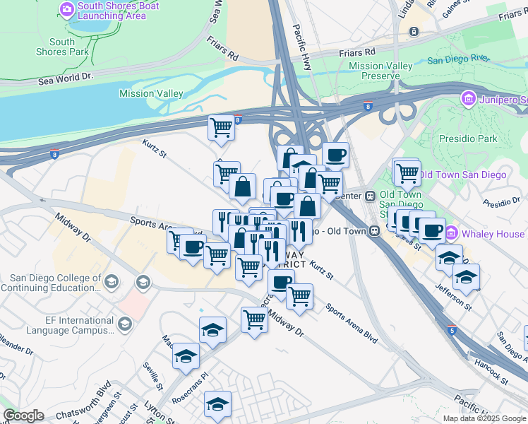 map of restaurants, bars, coffee shops, grocery stores, and more near 3776 Riley Street in San Diego
