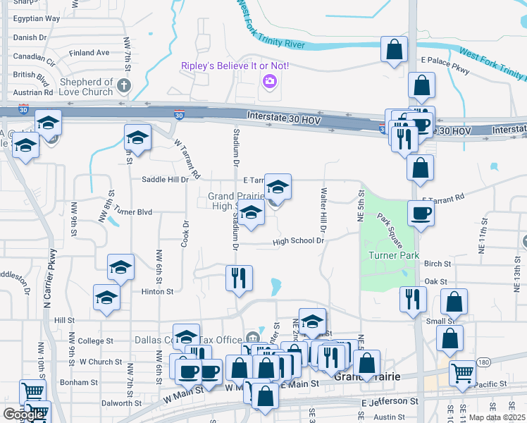 map of restaurants, bars, coffee shops, grocery stores, and more near 101 High School Drive in Grand Prairie