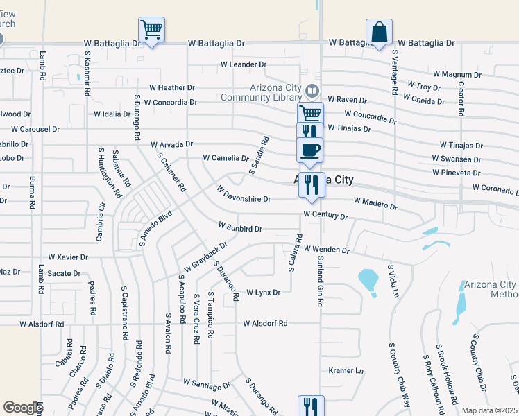 map of restaurants, bars, coffee shops, grocery stores, and more near 9991 West Century Drive in Arizona City