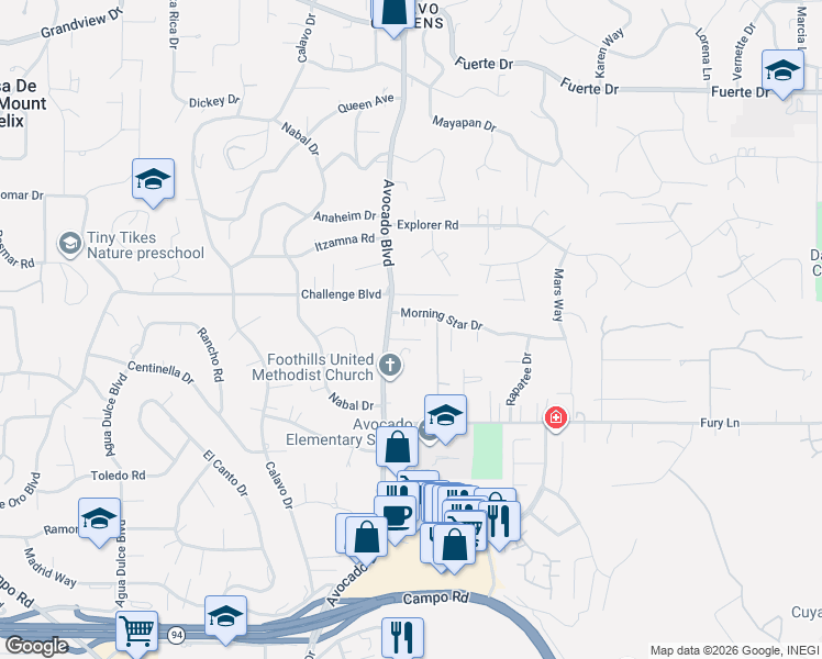 map of restaurants, bars, coffee shops, grocery stores, and more near 4117 Avocado Boulevard in La Mesa