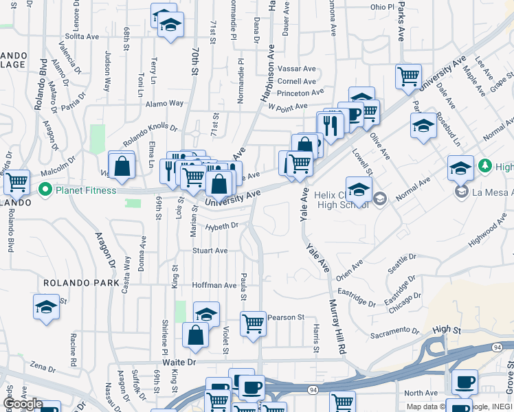 map of restaurants, bars, coffee shops, grocery stores, and more near 4200 Massachusetts Avenue in La Mesa