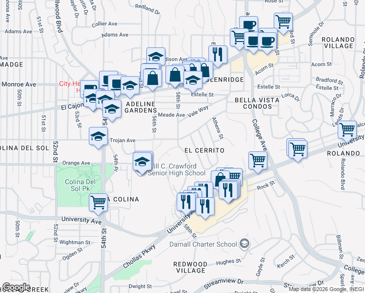 map of restaurants, bars, coffee shops, grocery stores, and more near 4227 58th Street in San Diego
