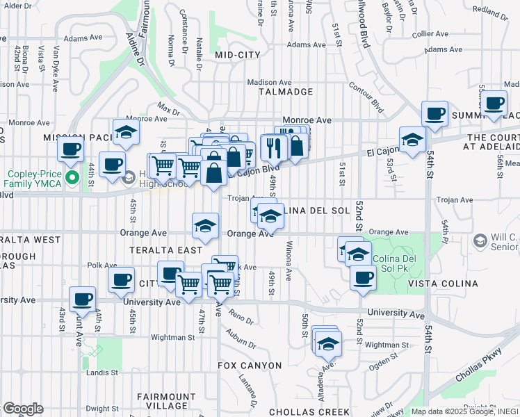 map of restaurants, bars, coffee shops, grocery stores, and more near 4245 Estrella Avenue in San Diego