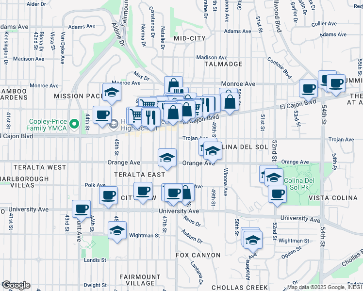 map of restaurants, bars, coffee shops, grocery stores, and more near 4244 48th Street in San Diego