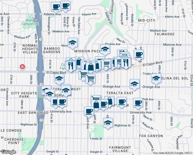 map of restaurants, bars, coffee shops, grocery stores, and more near 4244 Highland Avenue in San Diego