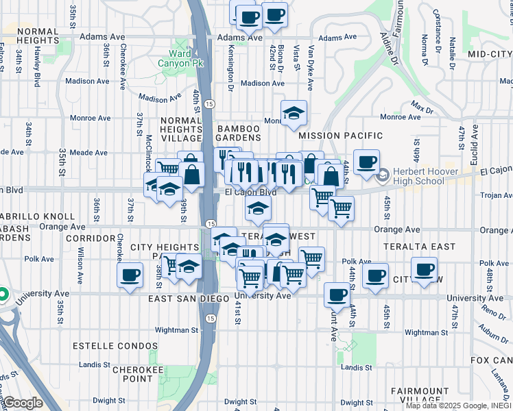 map of restaurants, bars, coffee shops, grocery stores, and more near 4242 Marlborough Avenue in San Diego