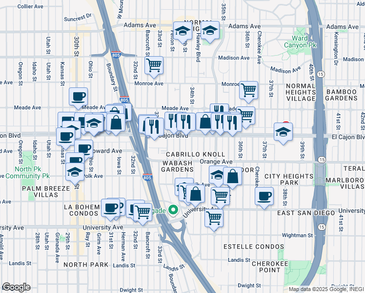 map of restaurants, bars, coffee shops, grocery stores, and more near 4240 Felton Street in San Diego