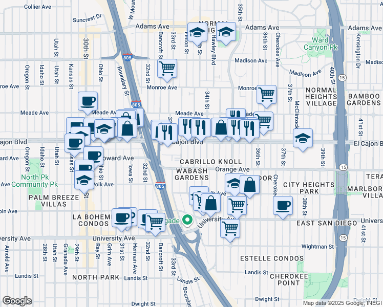 map of restaurants, bars, coffee shops, grocery stores, and more near 4240 Felton Street in San Diego
