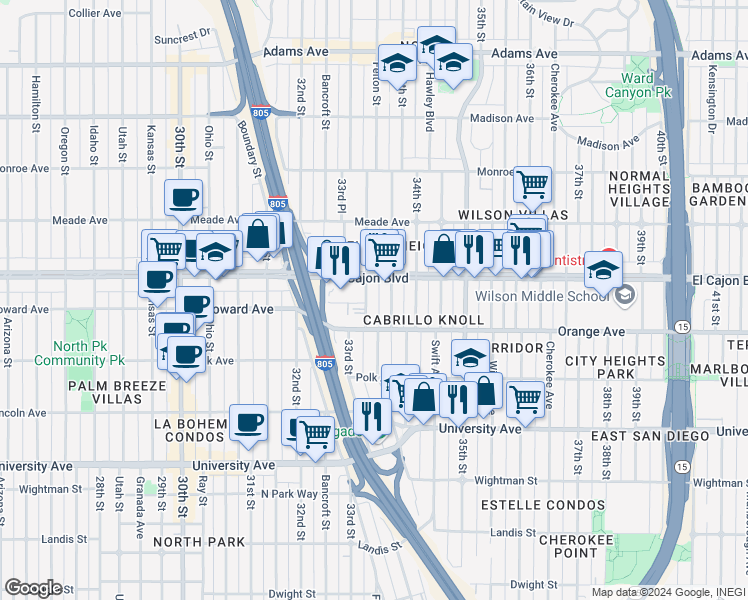 map of restaurants, bars, coffee shops, grocery stores, and more near 4240 Felton Street in San Diego