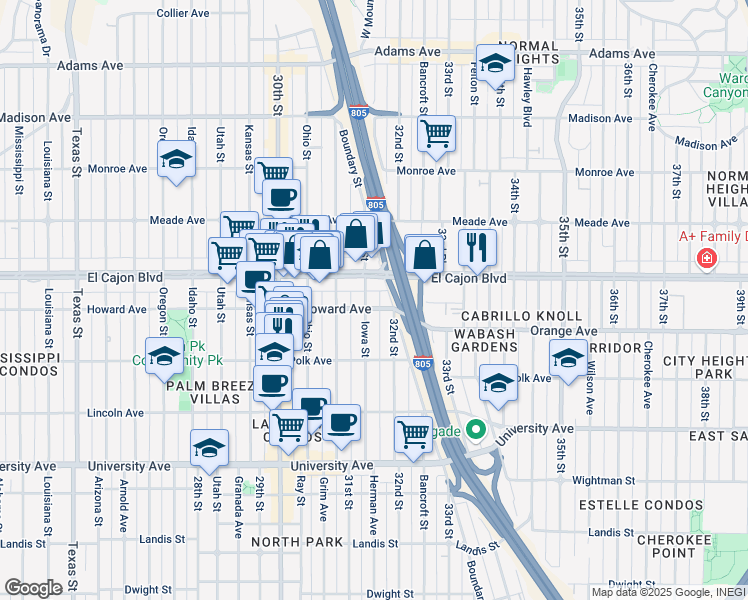 map of restaurants, bars, coffee shops, grocery stores, and more near 3167 Howard Avenue in San Diego