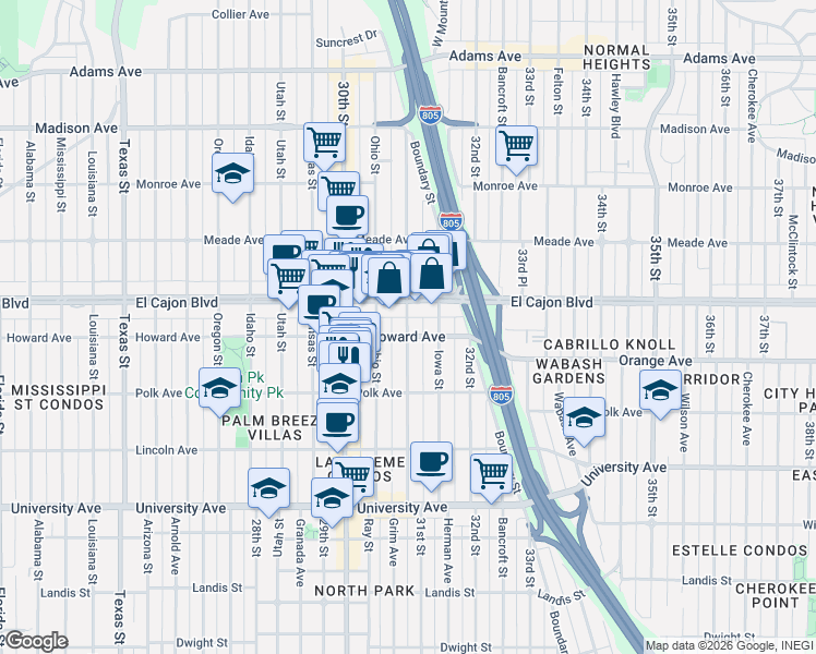 map of restaurants, bars, coffee shops, grocery stores, and more near 4195 Illinois Street in San Diego