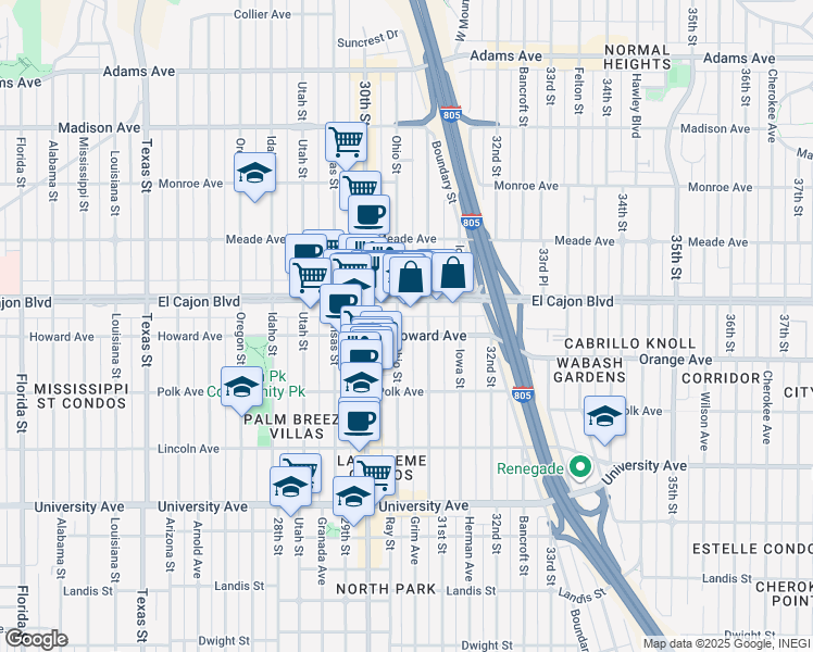 map of restaurants, bars, coffee shops, grocery stores, and more near 4193 Ohio Street in San Diego