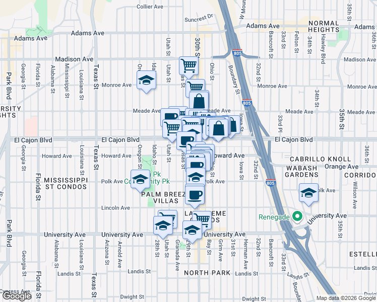 map of restaurants, bars, coffee shops, grocery stores, and more near 4192 30th Street in San Diego