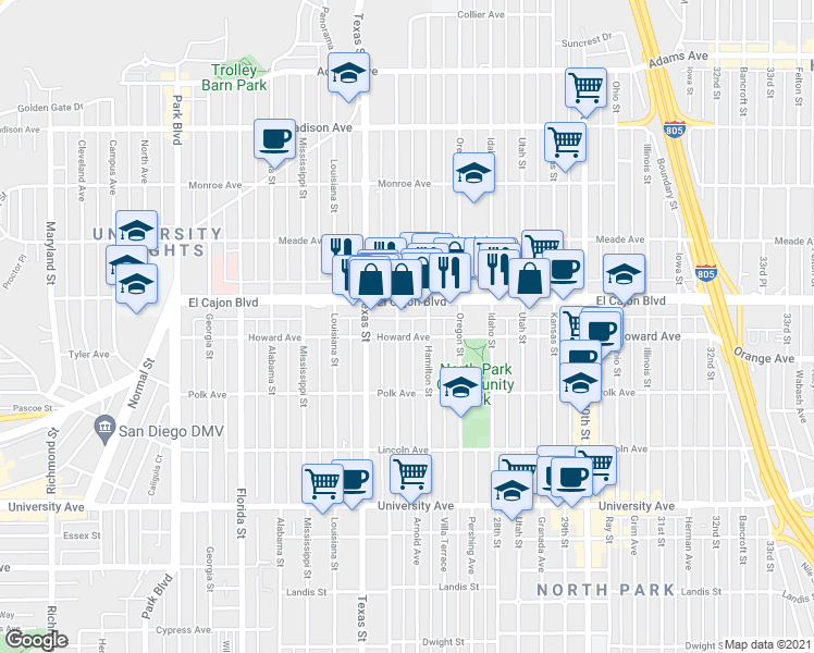 map of restaurants, bars, coffee shops, grocery stores, and more near in San Diego