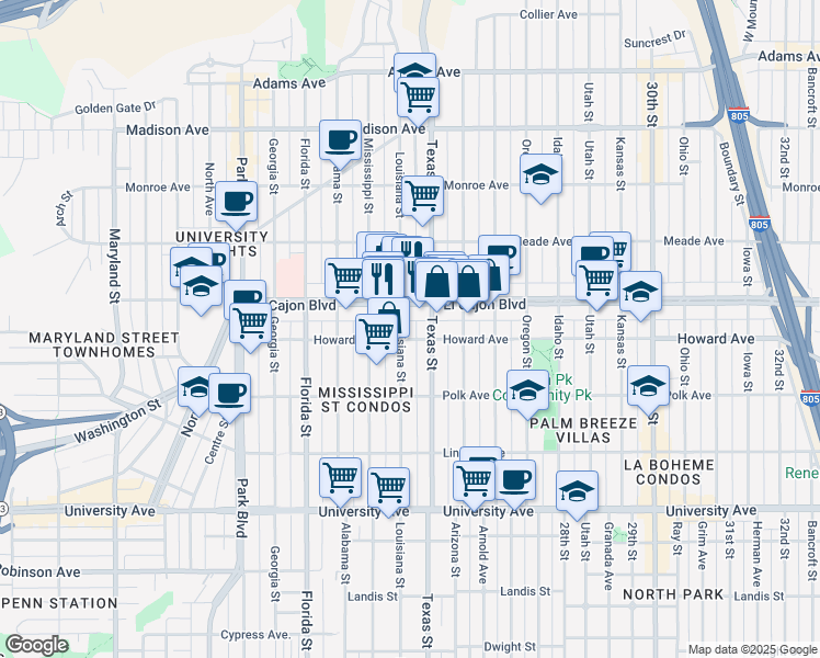 map of restaurants, bars, coffee shops, grocery stores, and more near 2321 Howard Avenue in San Diego