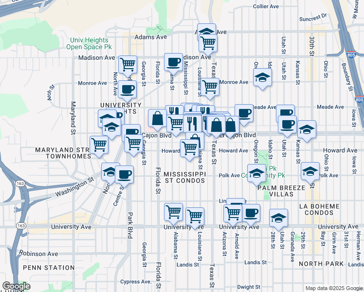 map of restaurants, bars, coffee shops, grocery stores, and more near 2203 Howard Avenue in San Diego