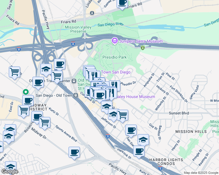 map of restaurants, bars, coffee shops, grocery stores, and more near 4015 Twiggs Street in San Diego