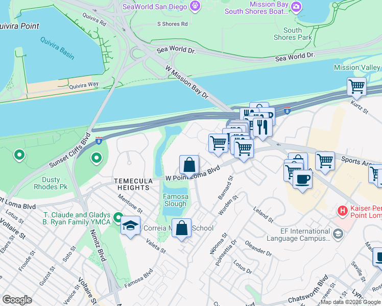 map of restaurants, bars, coffee shops, grocery stores, and more near 3011 Orleans East in San Diego